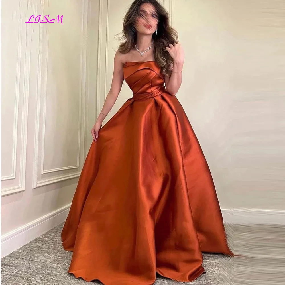 Vestido de noche largo de línea a para vestidos de fiesta formales sin tirantes, plisados, hasta el suelo, color Naranja quemado, Árabe _ - AliExpress