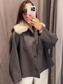 HH الخريف الشتاء النساء أنيقة الفراء التلبيب معاطف واحدة الصدر طويلة الأكمام سترة أزياء شارع العليا سيدة شيك ملابس خارجية 4