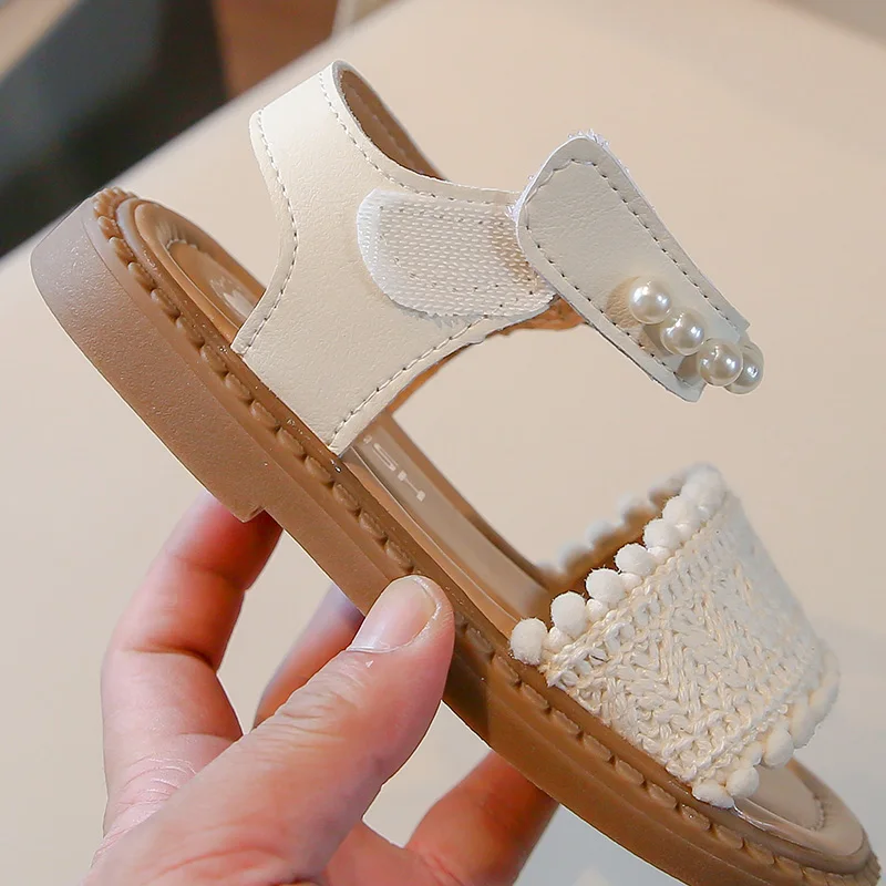 Unishuni Girls Sandals Princess One-Strap Summer Shoes Child Soft Skin-Friendly Cloth Sandal Kids Lace Pearl Bohemia Beach Flats 5