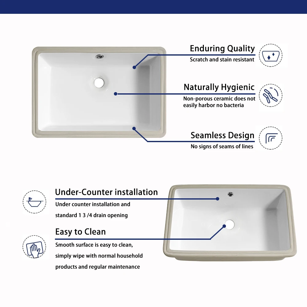 1pc Undermount Sink Bathroom Rectangular - 19"x 13" White Porcelain Ceramic Rectangle Vessel Sink, 20 Inch Under Counter Lavator 5