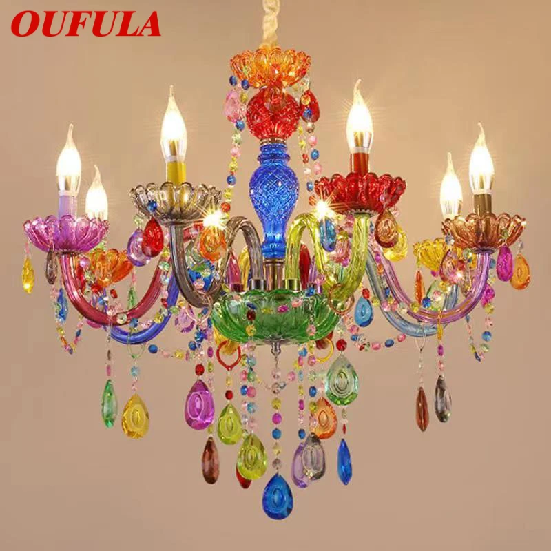 OUFULACcolor 크리스탈 펜던트 램프, 아트 여아 방 촛불 램프, 어린이 방 거실 레스토랑 침실 샹들리에