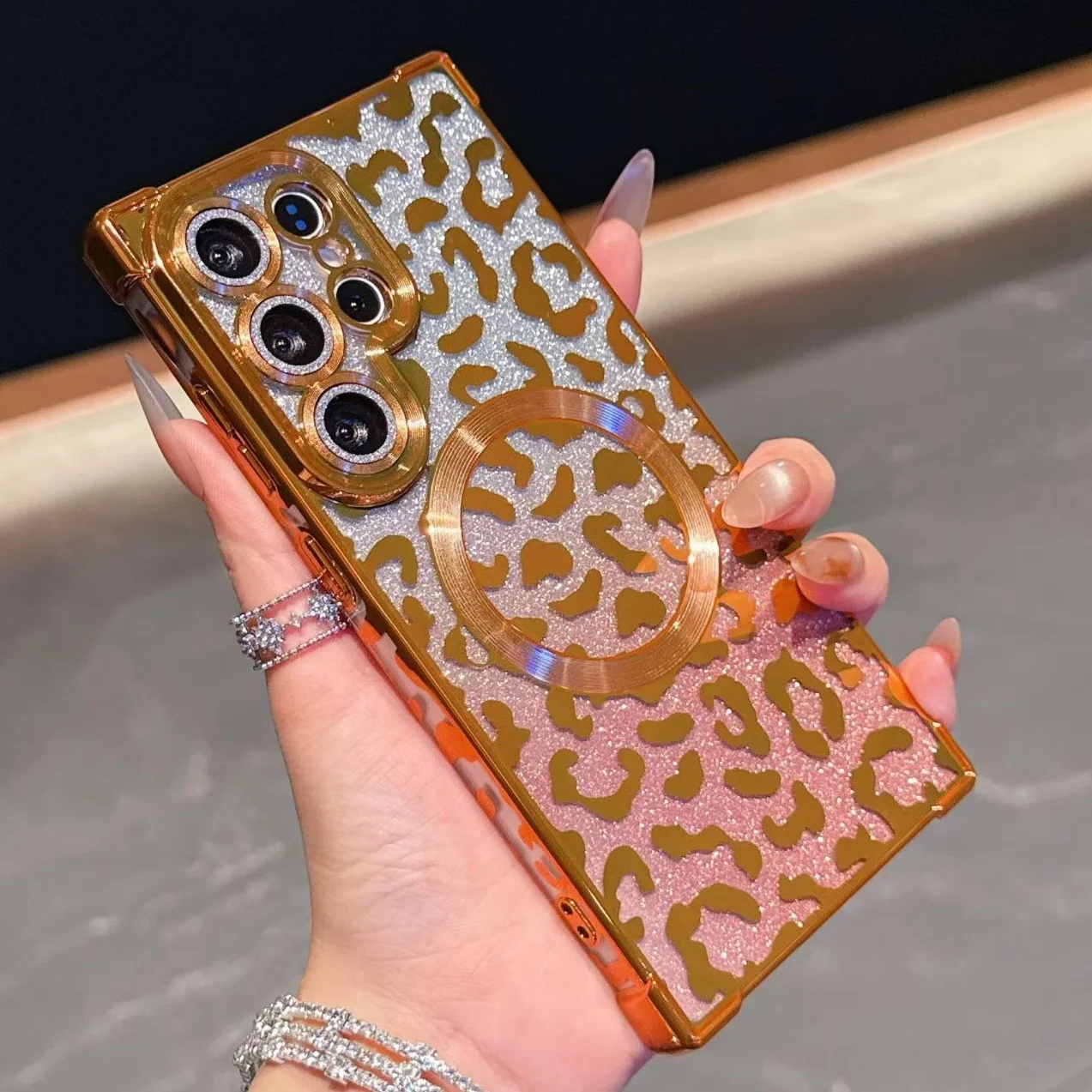 Luxury Leopard Pattern Gradient Glitter Plating Case with Magnetic Closure