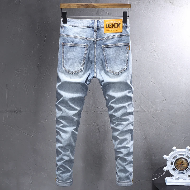 Korean Style Fashion Men Jeans High Quality Retro Light Blue Elastic Slim Fit Embroidery Designer Jeans Men Vintage Denim Pants