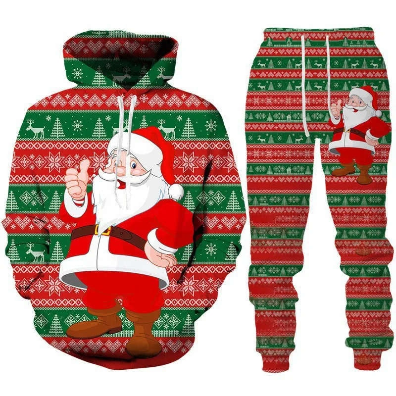 Autumn Christmas Mens 3D Printed Hoodie Pant Sets