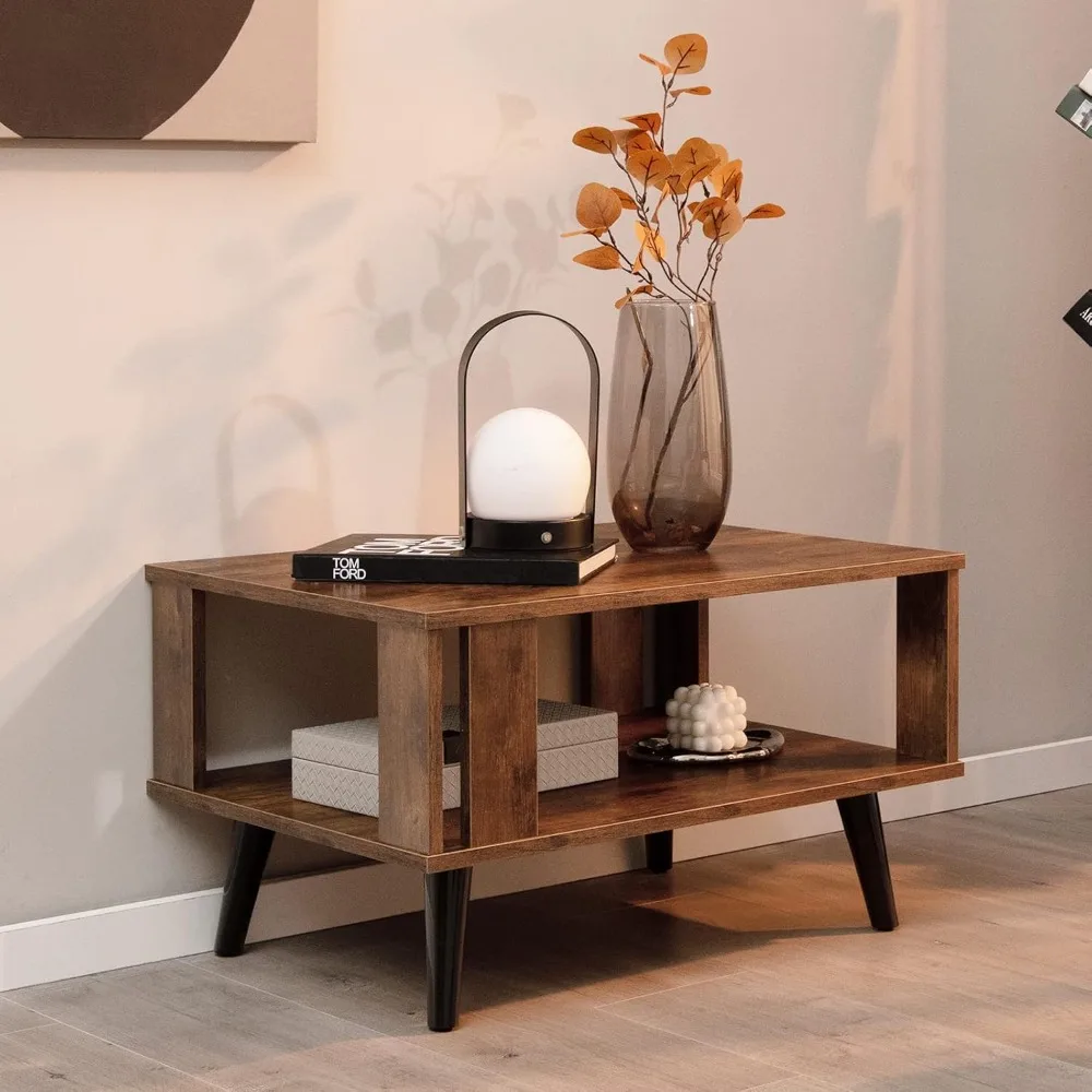 Small Coffee Table for Small Space, 2-Tier Wooden Center Table with Open Storage Shelf, Side Baffle, Easy Assembly 2