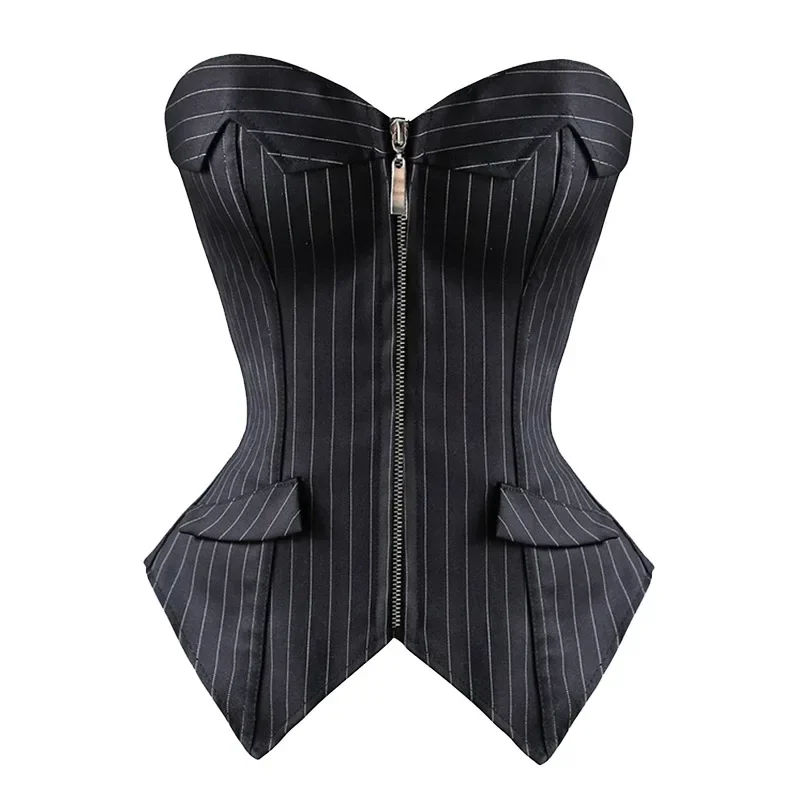 Overbust Corset Women Striped Zip Bustier Strapless Tops