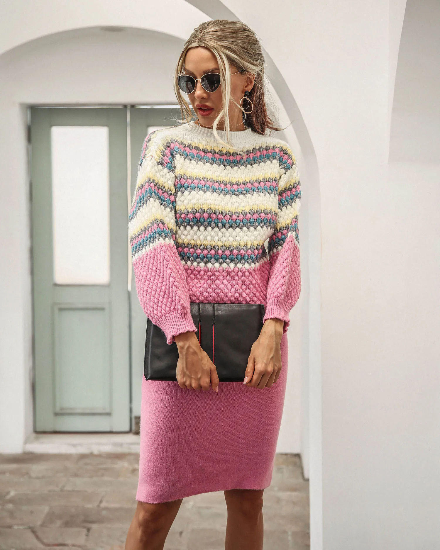 Winter Two Piece Set Womens Lantern Sleeve Striped Knitted Pullovers+Midi Skirts Sweater Suits for Ladies Autumn Knit Outfits short skirt