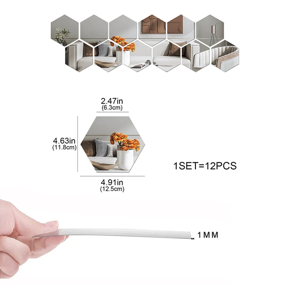 12pcs 3d Mirror Wall Sticker Hexagon Vinyl Bedroom Decoration Self Adhesive Diy Decor Stick Removable Decal Home Living Room Art