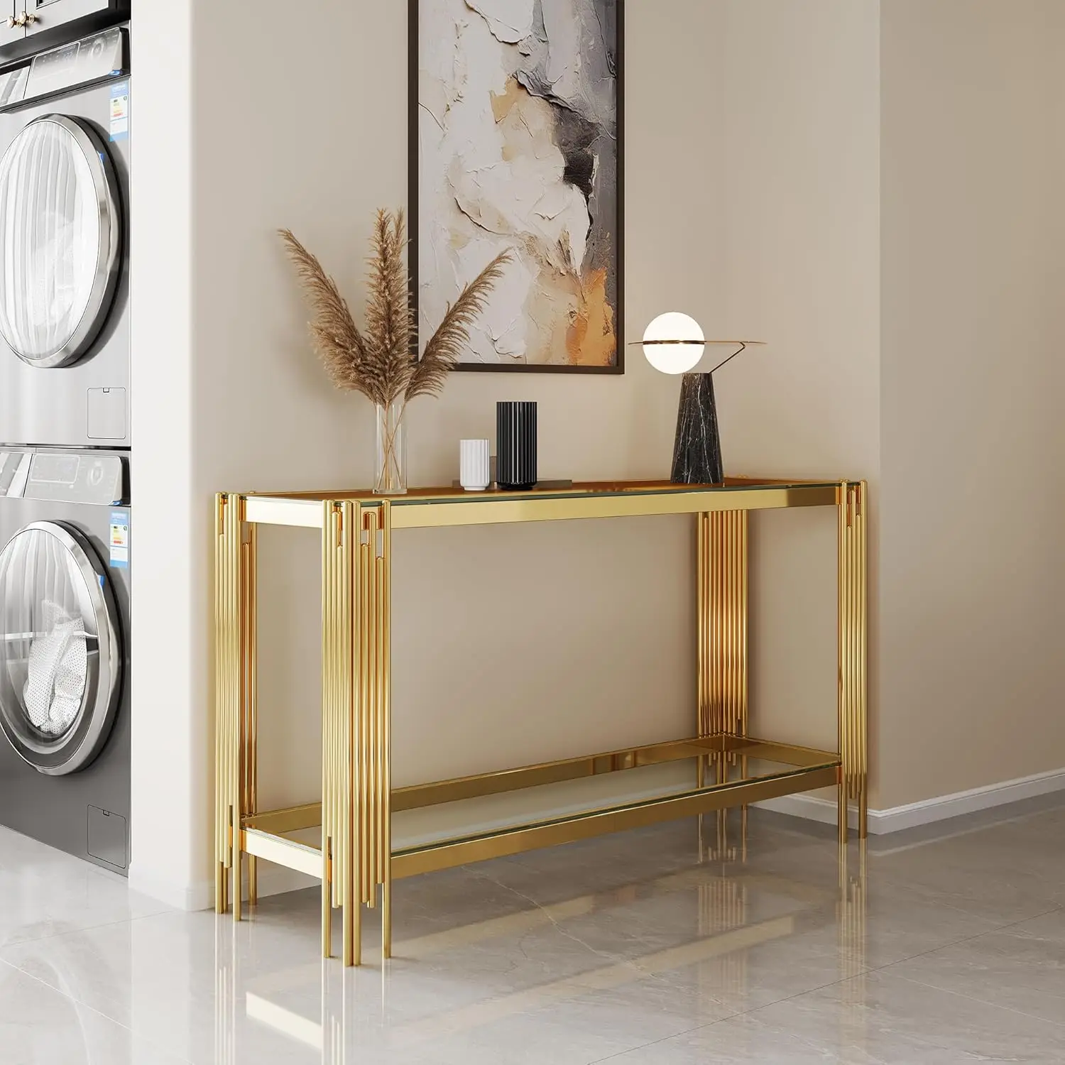 Clear Glass Console Table with Gold Stainless Steel Frame, 55" Entryway Table Modern Accent Sofa  Elegant Hallway e