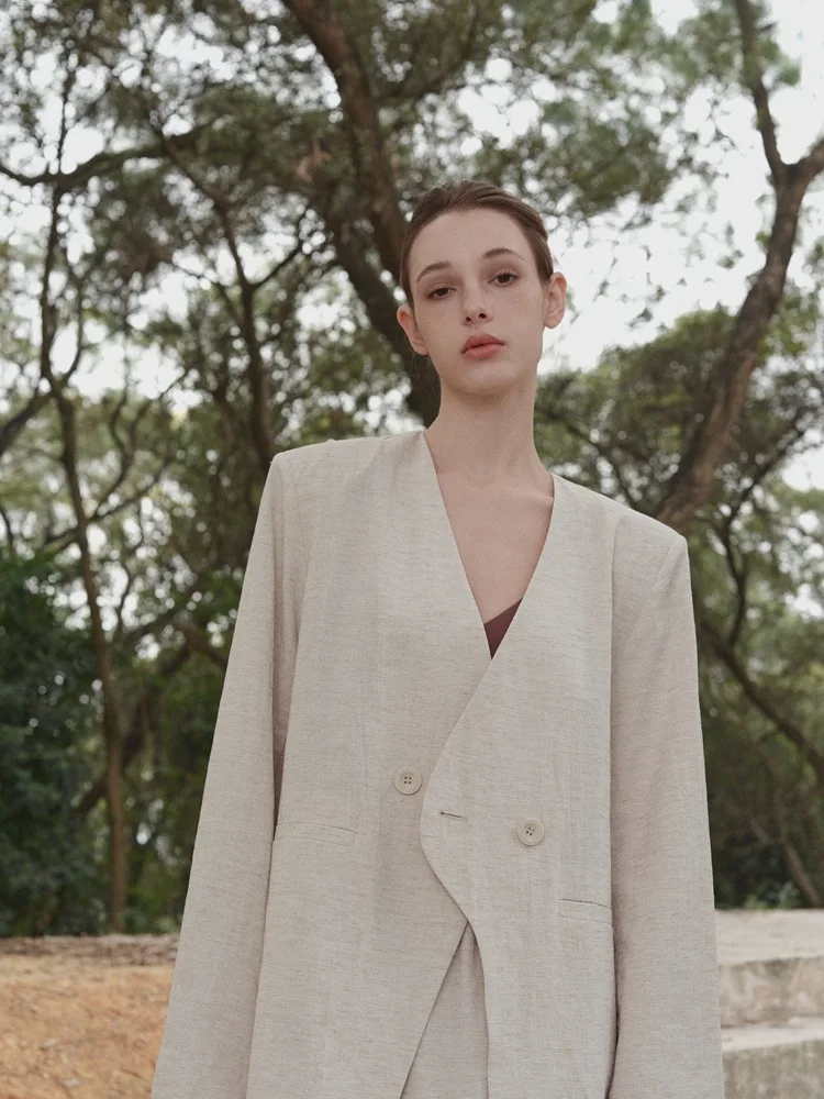 Leisure Temperament Collarless Cotton and Linen Suits Jacket for Women's Spring and Autumn Silhouette Loose Casual Coat