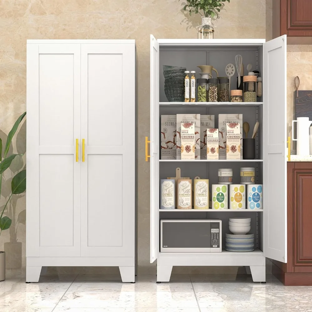 

White Kitchen Storage Cabinet, Kitchen Pantry Storage Cabinet with Doors and Shelves, Storage Cabinet with Adjustable Leveling