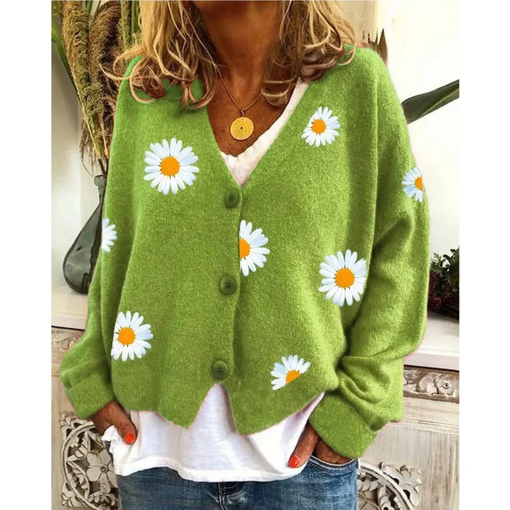 

embroidery Cardigan with Daises crochet cardigan women sweater full sleeve v-neck autumn outwear green cardigan floral pattern