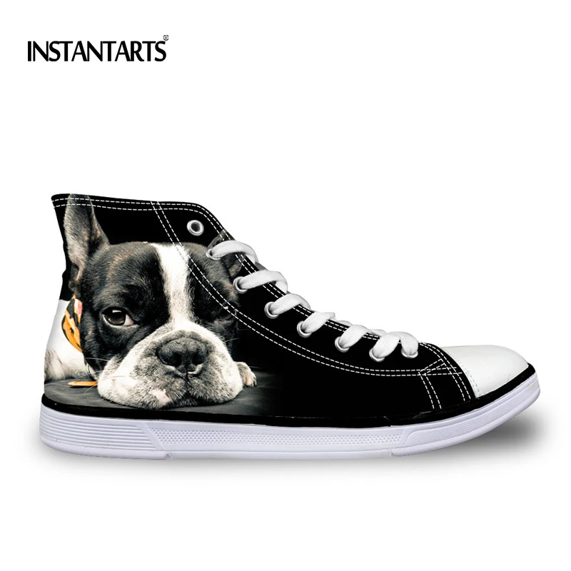 Fashion High-Top Canvas Shoes For Women Cute 3D Black French Bulldog Flat Shoes Ladies Lace-up Vulcanized Shoes