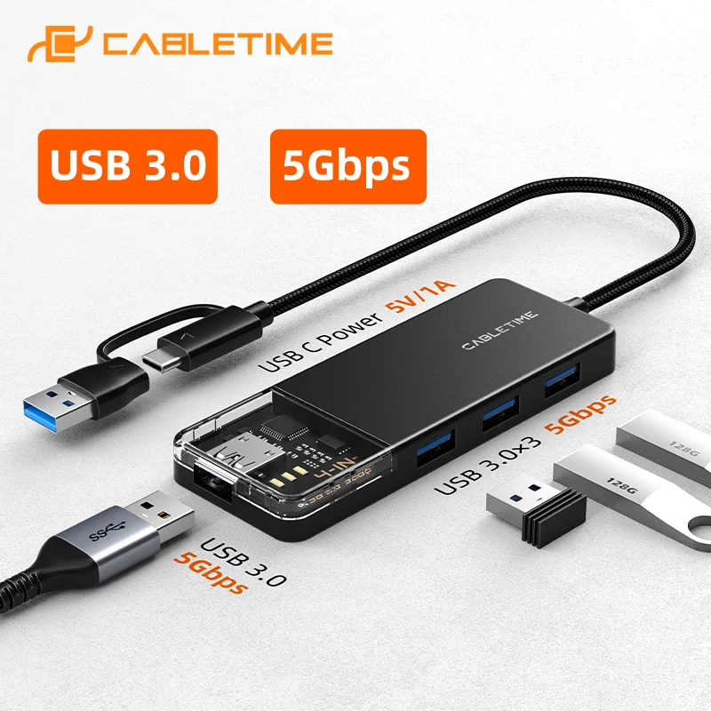 

CABLETIME USB A Type C to USB 3.0 HUB 5Gbps Fast Speed Transparent Design for Macbook iPad Pro Tablet USB Adapter C460