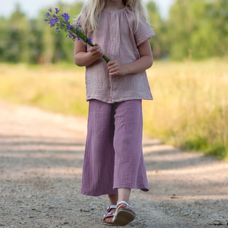 Cotton Muslin Girls Wide-Legged Pants Summer Children Casual Elastic Waist Loose Pants Kids Culottes TZ430 girls pants kids pants girls trousers