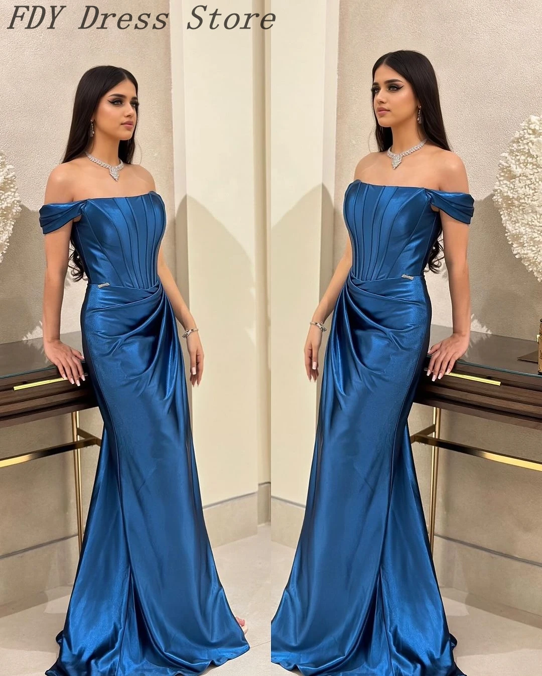 

Vintage Mermaid Sleeveless Evening Dresses Off The Shoulder Prom Dresses Pleated Floor Length Formal Party Dresses