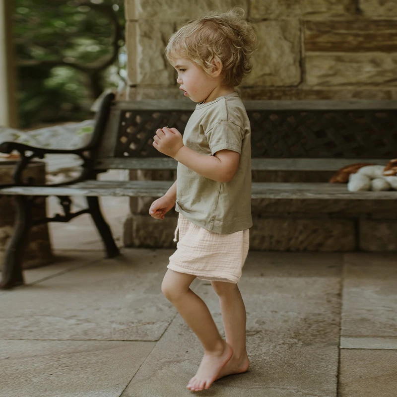 100% Organic Cotton Muslin Boys Summer Shorts Casual Loose Solid Colour Drawstring Short TZ169