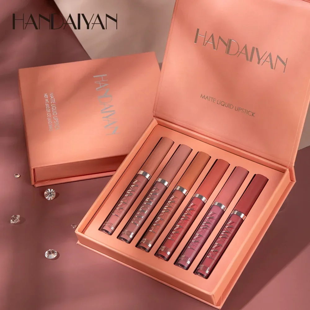 HANDAIYAN 6pcs/Set Lip Gloss Long Lasting Waterproof Matte Lip Tint NonStick Cup Liquid Lipstick Gift Box Cosmetics Makeup 2
