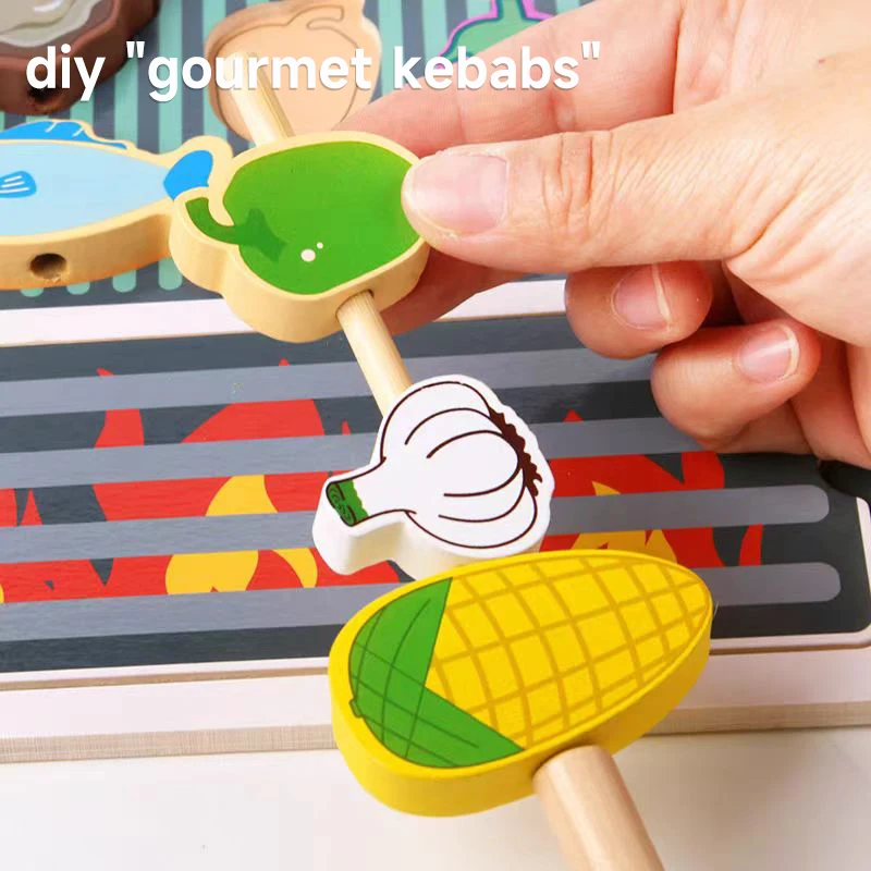 Children Simulated Barbecue Toy Set Kids Wooden Simulation Food Barbecue Cooking Toys Parent-Child Interaction Play House Toys 6