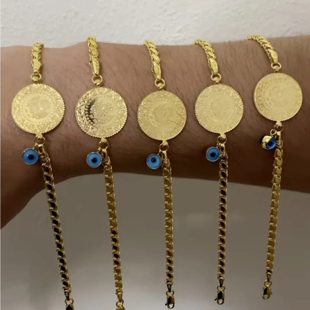 Bracelet Jewelry Muslim Islamic Money Coin Jewelry Bracelet Luxury Gold Plated Blue Eye Chain Bangles Arabic Middle East Wedding Gifts