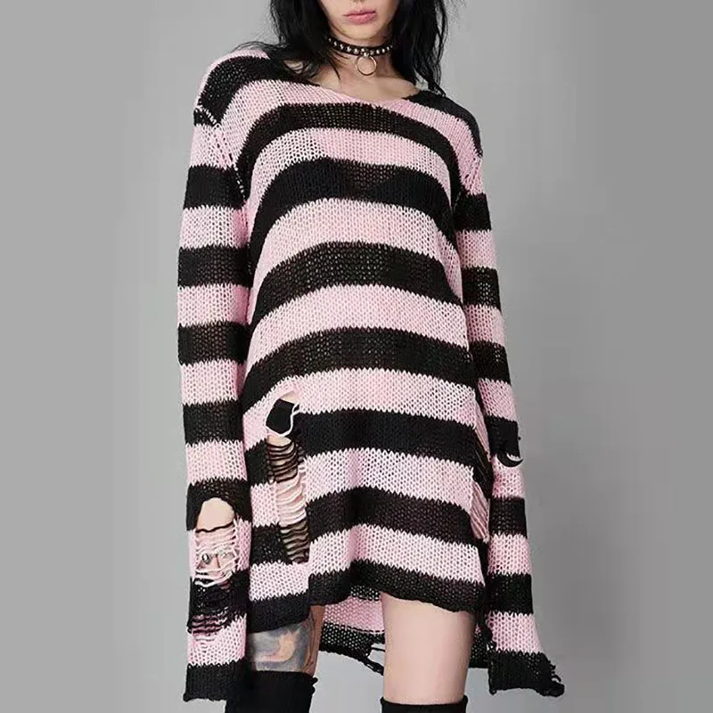 

Mid length ripped sweater women lovers stripe loose knit women