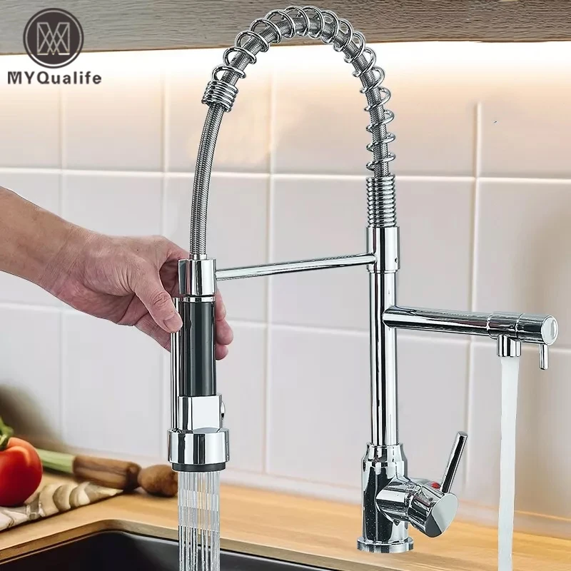 Robinet d'évier de cuisine en laiton chromé, mitigeur d'eau chaude et froide extractible, robinet à 2 modes avec double bec, Rotation à 360 degrés, montage sur pont Flexible