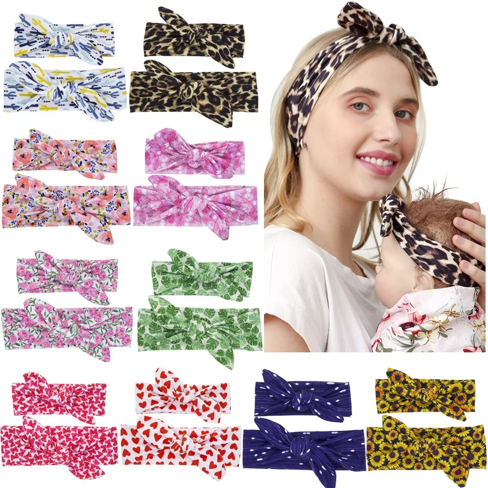 

2PCS/SET Leopard Printed Headband Set DIY Elastic Mom Baby Turban Newborn Headband Bow Vintage Knot Headwrap Photography Prop