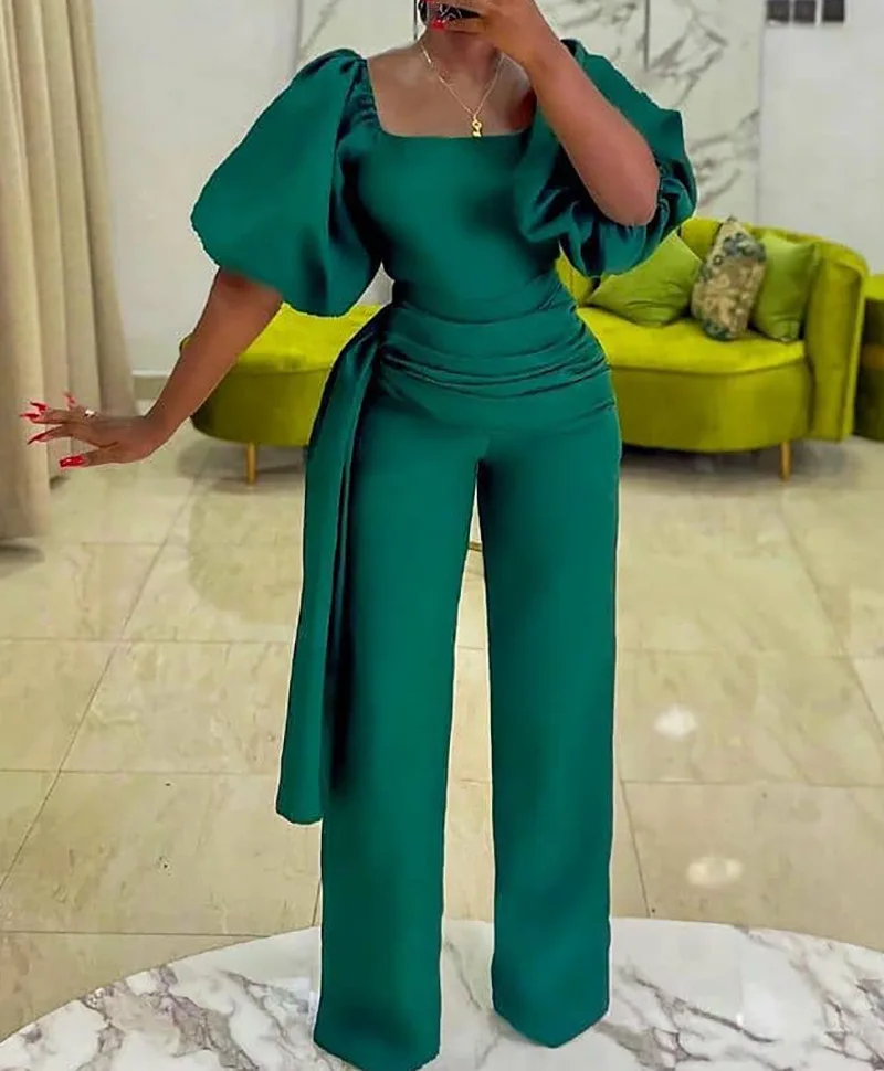 Women's Summer High Waisted Large Size Jumpsuit Solid Color Belt Waistband Pleated Square Neck Bubble Sleeved Straight Leg Pants solid color square hairscarf silk satin hair scarf soft neckerchief pleated small hair scarf decorative headscarf headwear