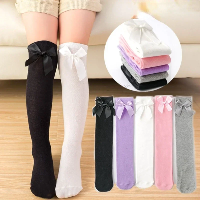 40 cm Kids Socks Big Bow Knee High Socks Soft Cotton Lace Bowknot Girls Long Tube 5-8 Years