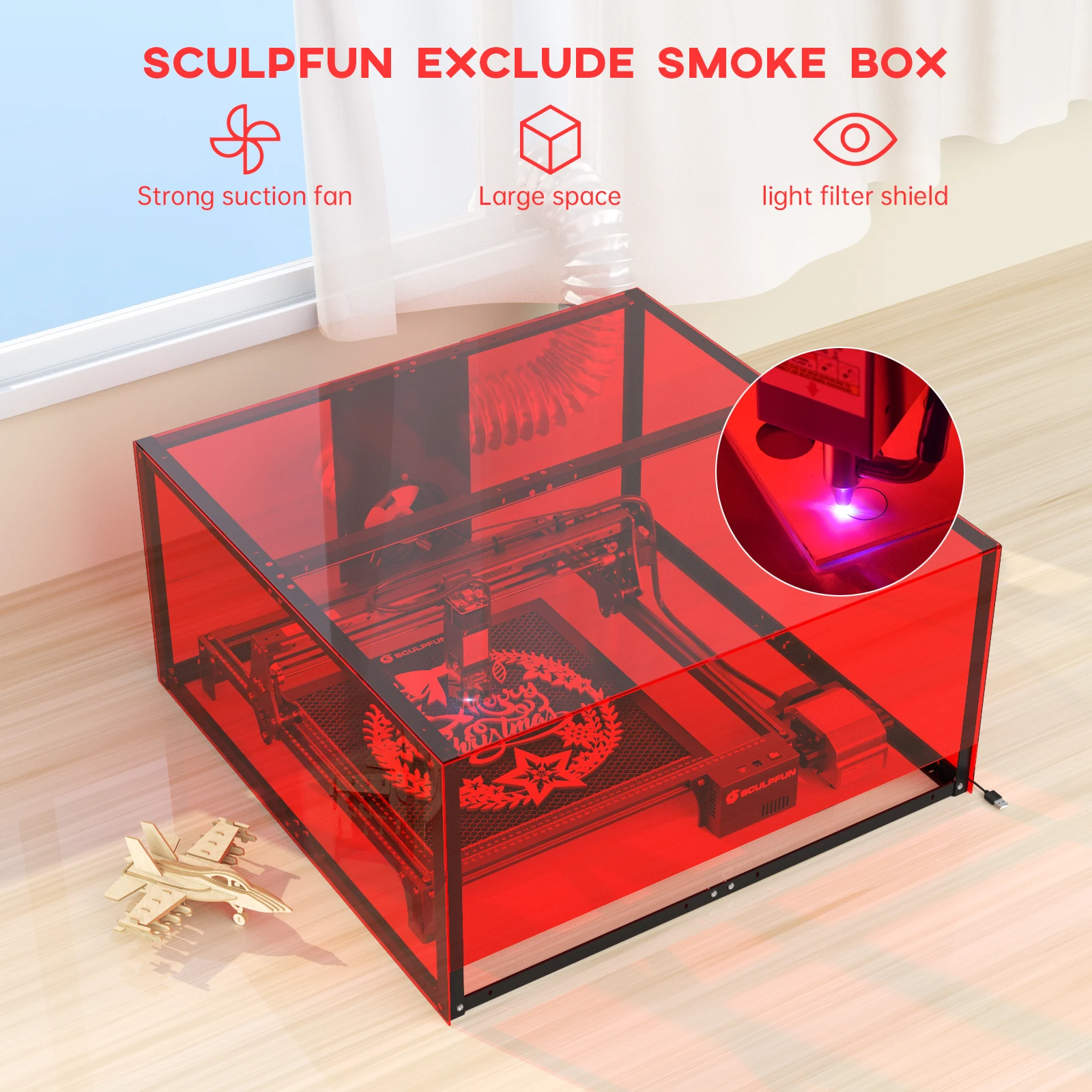 SCULPFUN Laser Engraving Machine PVC Enclosure Dust-proof Protective Box 720x720x360mm Smoke Exhaust with Powerful Suction Fan sunlu s1 3d fila dryer 3d printing mate for filament drying dust and moisture proof storage holder measuring drying machine