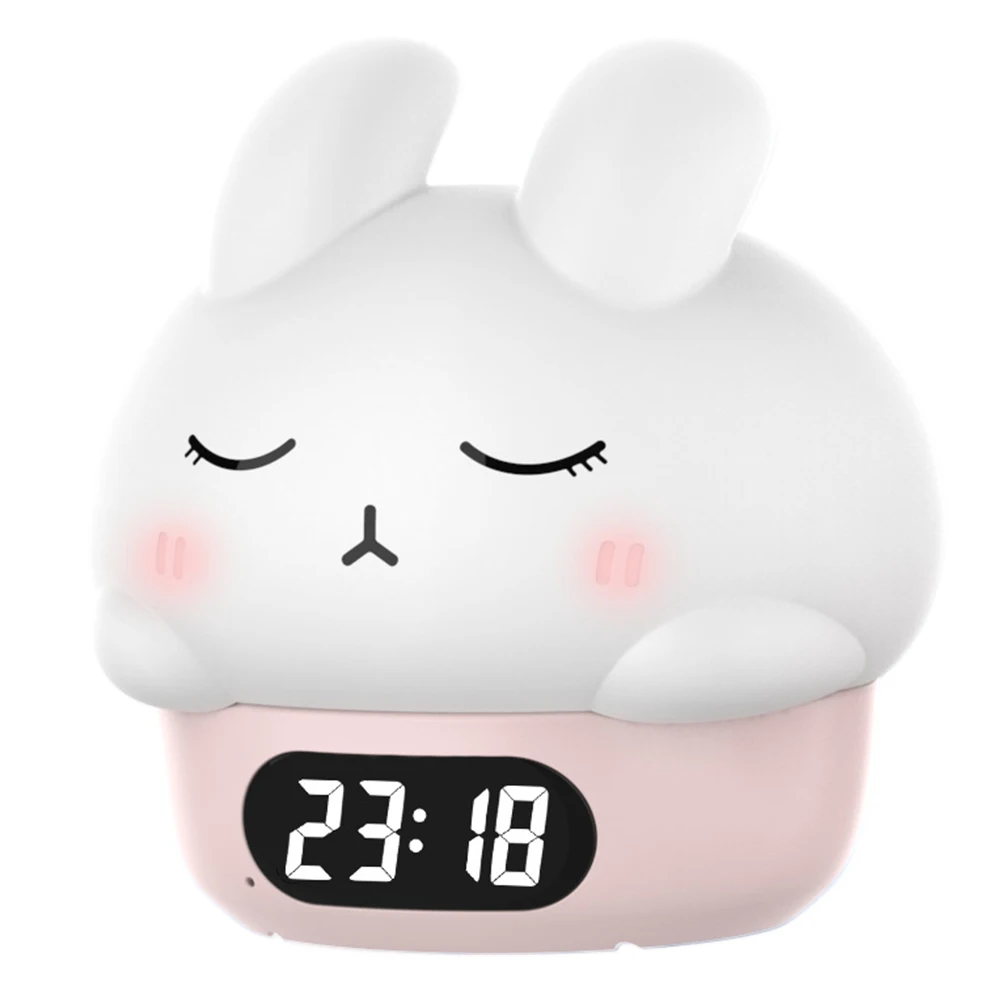מנורת ארנבון חמודה עם שעון מעורר, טעינה באמצעות USB, מנורת ארנבון קרטון 1200mAh עם חיישן מגע, מנורת לילה חמה + RGB