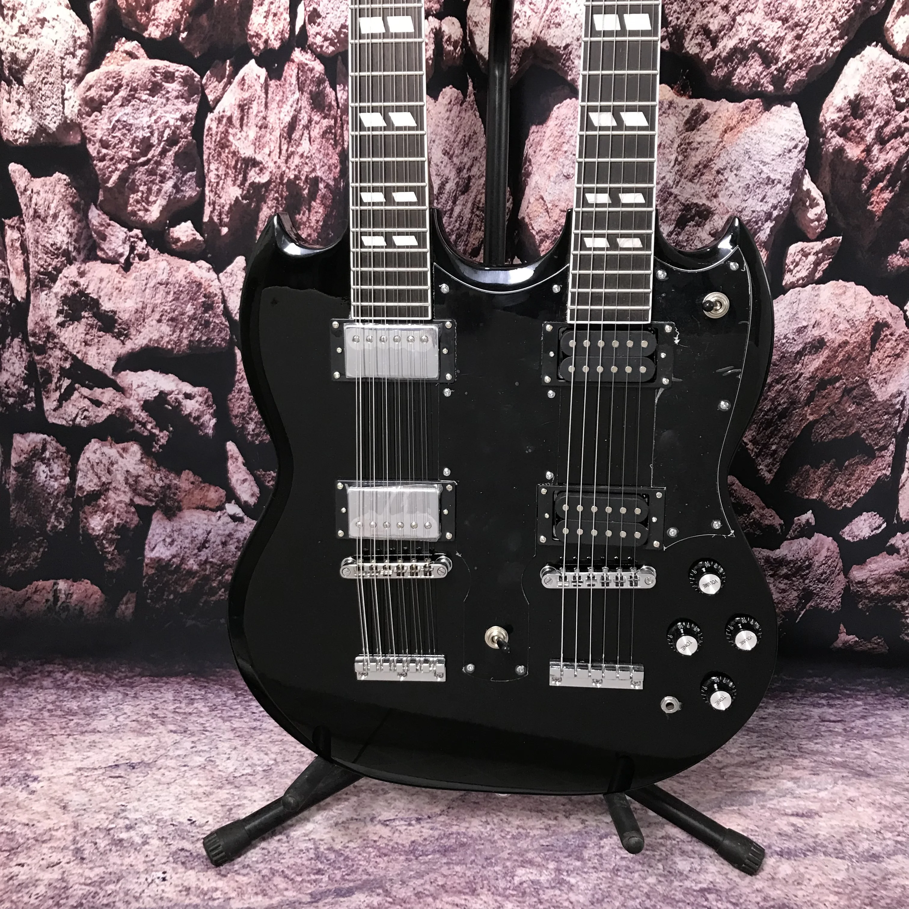 Factory customization electric guitar S G double neck 12+6 strings hot sale mahogany