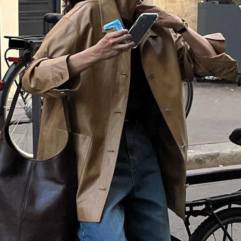 Vintage Leather Jacket for Women Spring Autumn 2024 New Simple Fashion Metal Single-breasted Brown PU Leather Jackets abrigos