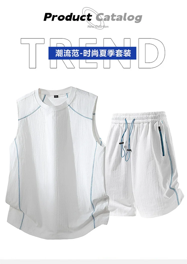 Herren Fitness Basketball Uniform Set Sommer Einfarbig Ärmelloses Tanktop Shorts Zweiteiliges Sportbekleidungs-Outfit – Detail 3