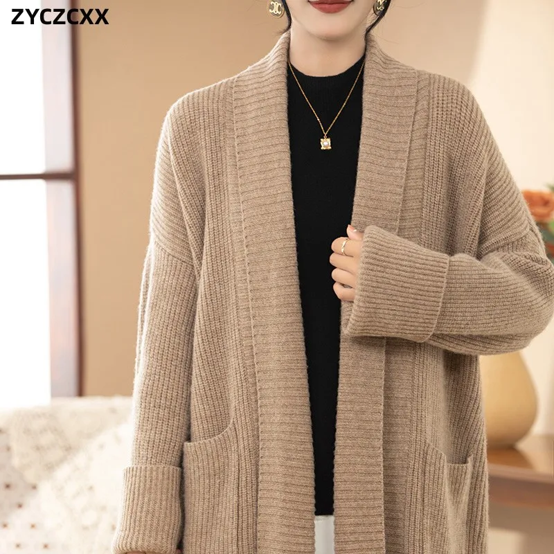 

ZYCZCXX Korean Style 100% Pure Wool Thickened Women's Cardigan Autumn/Winter Warm Knit Coat Loose Temperament Sweater Cardigan