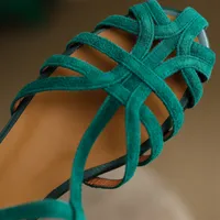 Women's natural suede leather narrow band braided t-strap flats sandals round toe casual female footwear summer shoes for women - Image 6