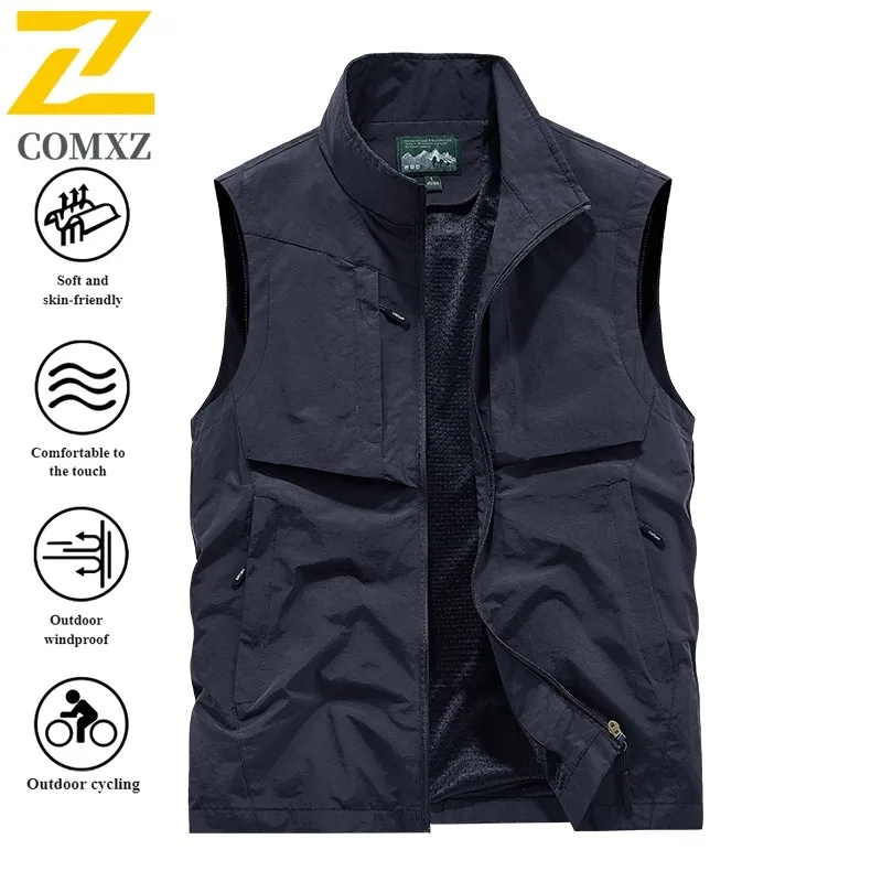Men's Outdoor Workwear Vest Spring Autumn Thin Fishing Waistcoat Casual Solid Color Utility Jacket Multi-Pocket Breathable 2025