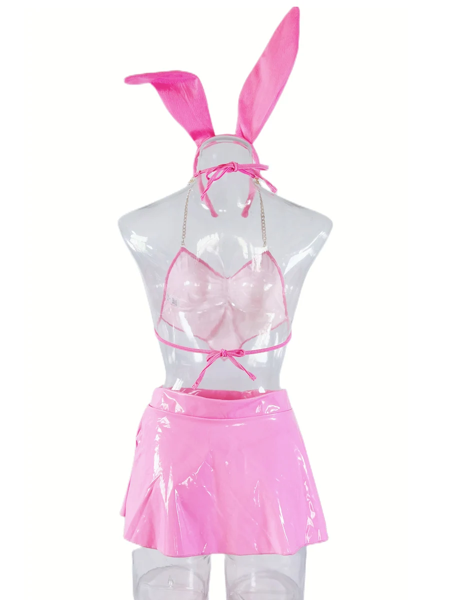 4 Pieces Set Latex Lingerie Neon Pink Underwear Women Bunny Chain Top with Slit Skirt Outfit Nightclub PU Leather Erotic Costume