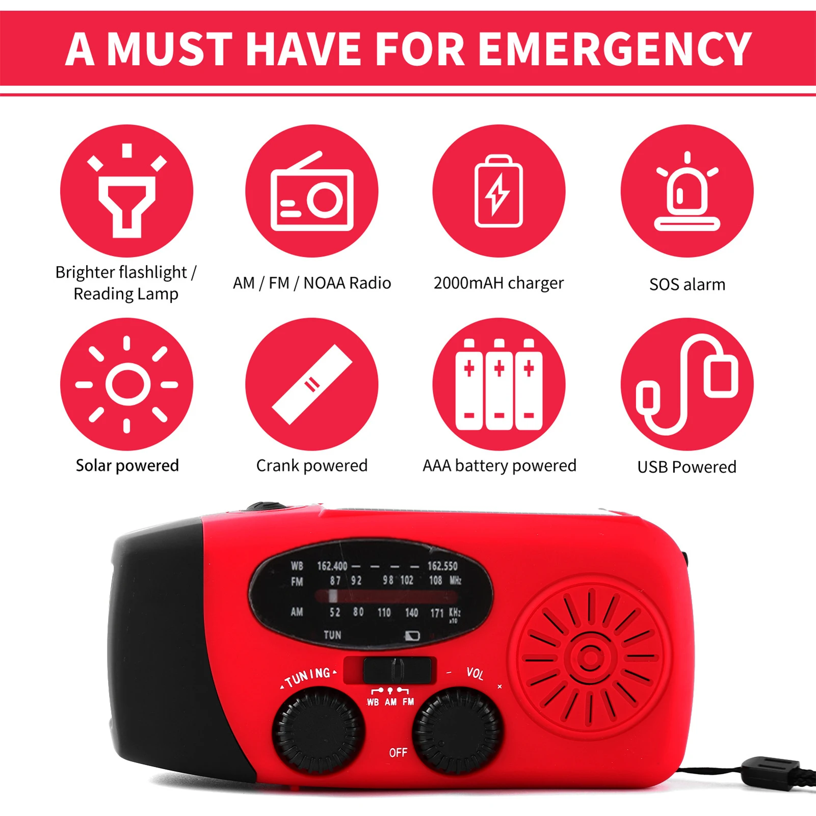 Emergency Hand Crank Radio with LED Flashlight for Emergency AM/FM NOAA Portable Weather Radio Dynamo Radio with 2000mAh Power 5