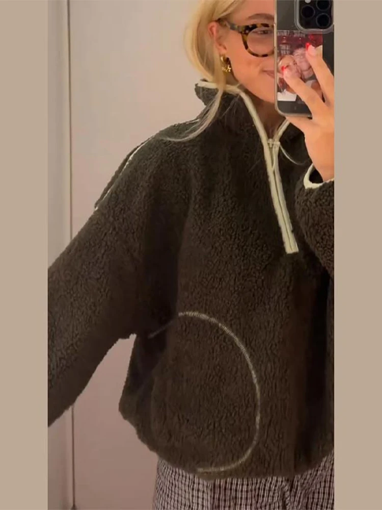 Getäfelter Sherpa-Hoodie mit halbem Reißverschluss, Damenmode, Umlegekragen, lange Ärmel, übergroße Bombermäntel, frühes Frühjahr, neue Oberbekleidung – Detail 5