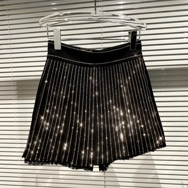 Femme Shiny Pantskirt Women's Vertical Rhinestone Short Skirt Ladies 2023 Autumn New Ekegant Woman Lace Pleated Shorts Skirts