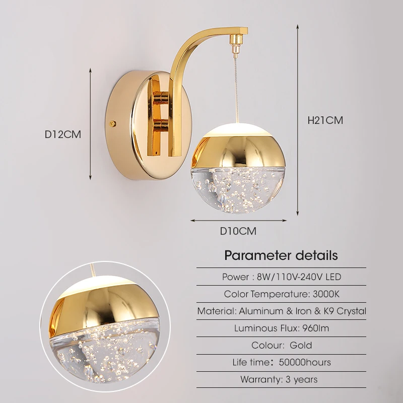 Light Luxury Golden Crystal Wall Lamp Gold Wall Sconce Led Wall Lights Design Chrome Wall Lamps Living Room Bedroom Corridor wall night light