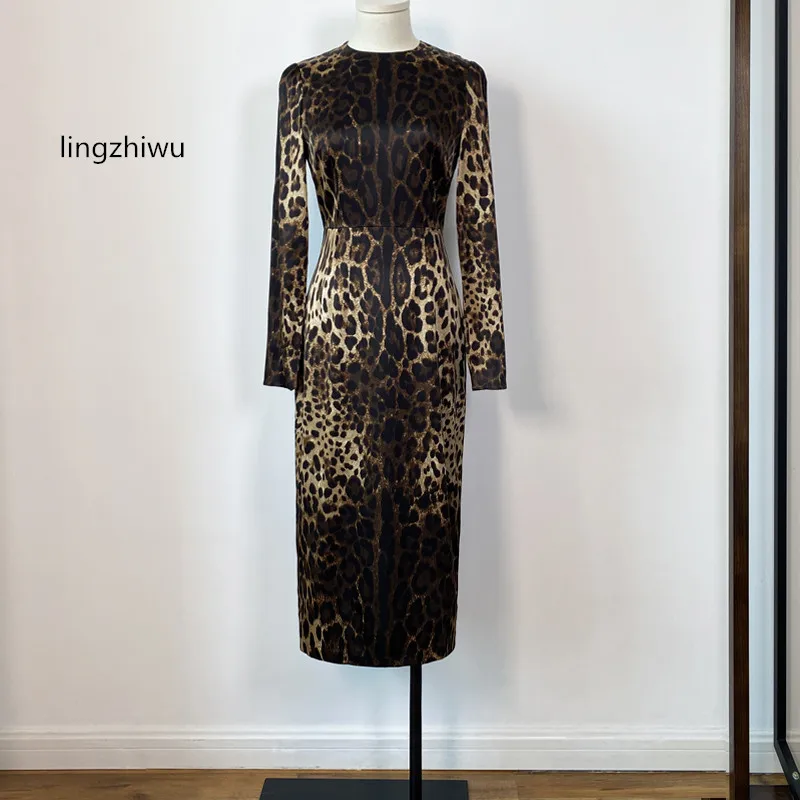 

lingzhiwu Print Dress Top Quality 100% Silk Dresses Leopard 2024 Spring O-Neck Long Sleeve Bud Vestidos Slim Waist New Arrival