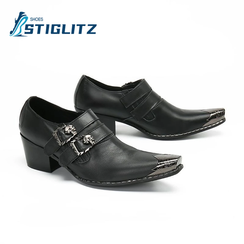 Flame Buckle Chelseas Black Genuine Leather Shallow Mules Metal Square Toe Sewing Thread Heeled Shoes Business Dress Men's Shoes