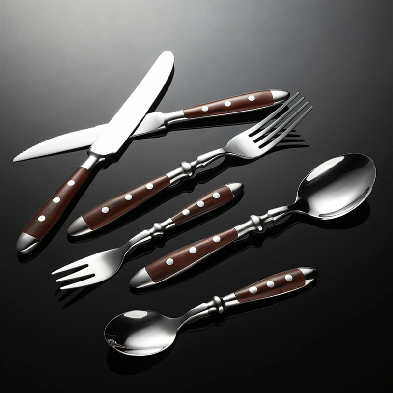 430 Stainless Steel Western Cutlery Set Point Rivets Wooden Handle Dinnerware Knife Fork Spoon Teaspoon for Kitchen western style cutlery set stainless steel cutlery set cutlery set