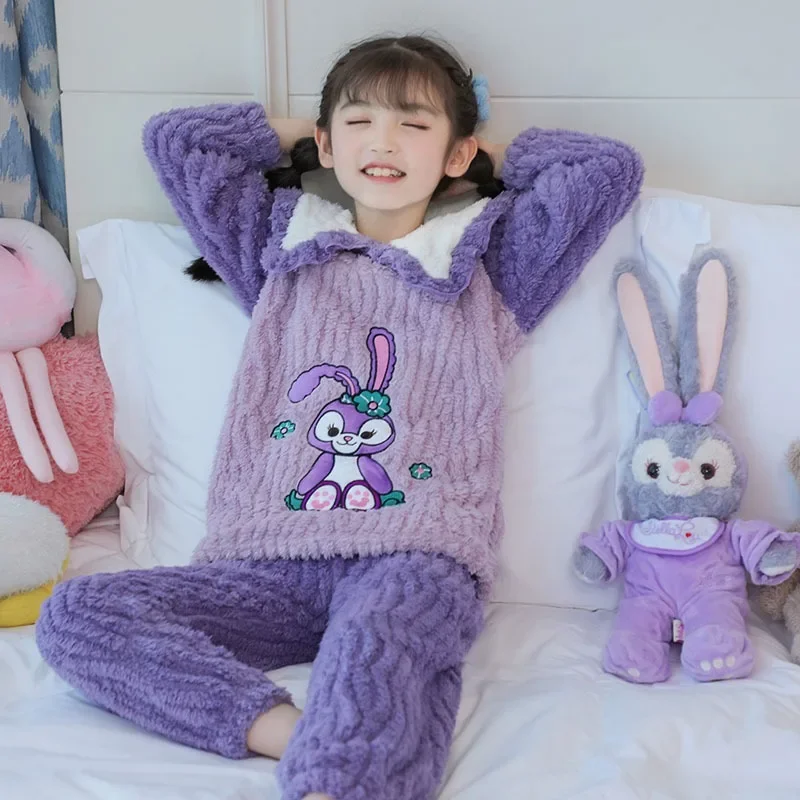 

Disney StellaLou Donald Duck Loungewear Set Tops+Pants 2pcs New Cartoon Cute Thick Warm Pyjamas Winter Flannel Pyjamas Suit