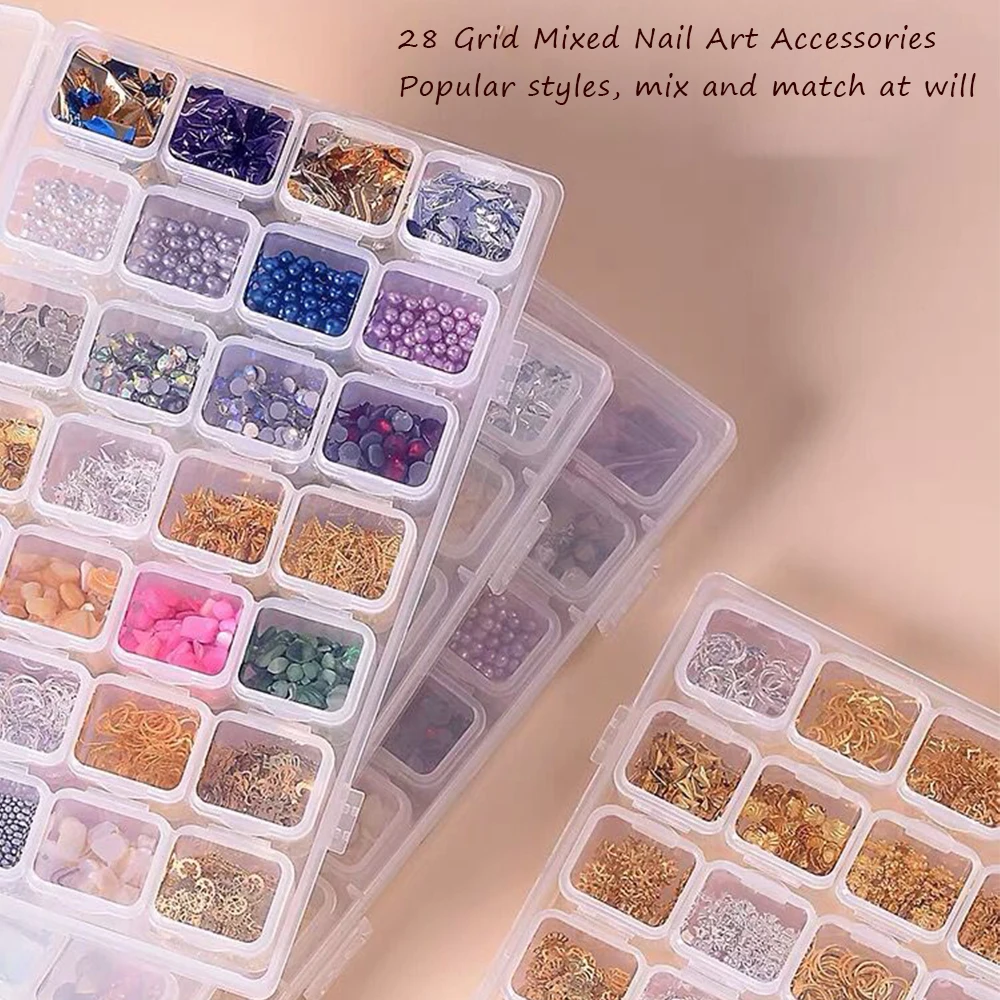 

28Grid-Box Luxury Nail art Jewelry Metal Charm Shell/Pearl/Decal Nails Decoration DIY Flat Back Boxed Nail Rhinestone 3D Alloy#1