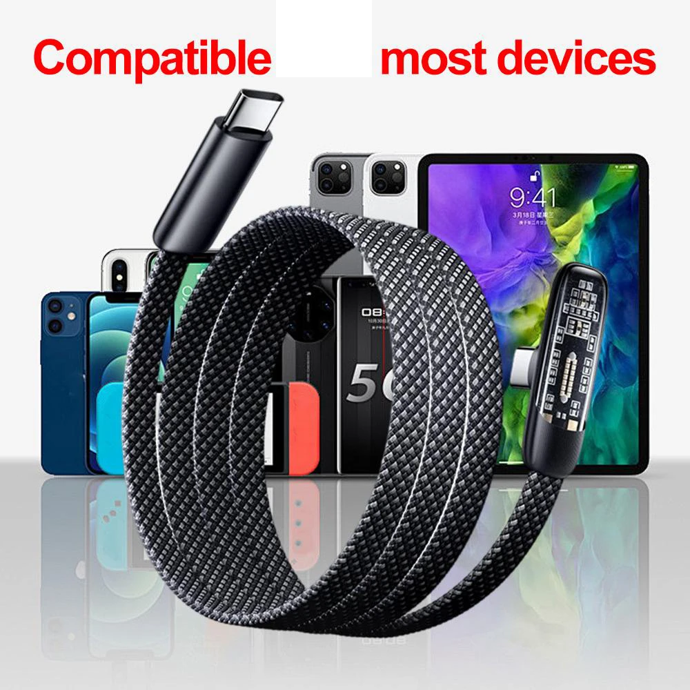 High-Speed Right Angle USB-C Charging Cable - 60W Flat Nylon Braided