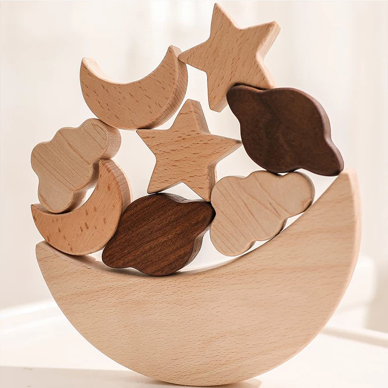 

Montessori Wooden Toys for Baby Stars Moon Balance Blocks Board Games Educational Toys Children Stacking High Blocks Gifts