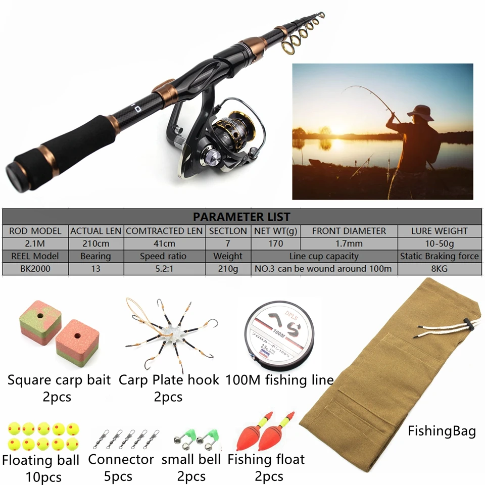 2.1M Telescopic Carbon Fishing Rod and Spinning Reels Fishing Bag Baits  Line Hook Fishing Carp Tackle Set M Power Fast Rod - AliExpress